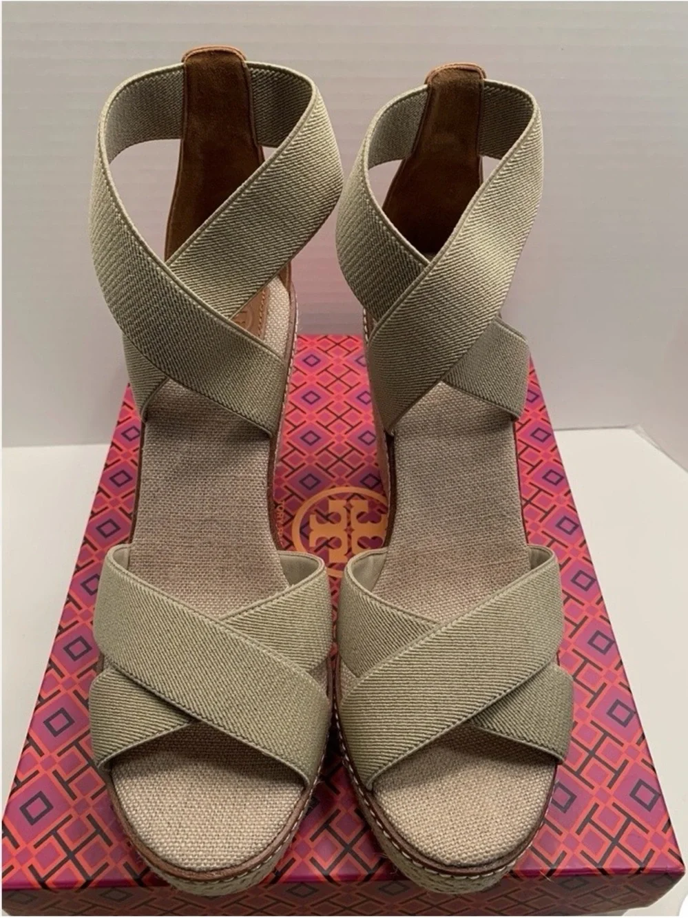 Tory Burch khaki Crisscross Espadrille Wedge Sandals ( no box)